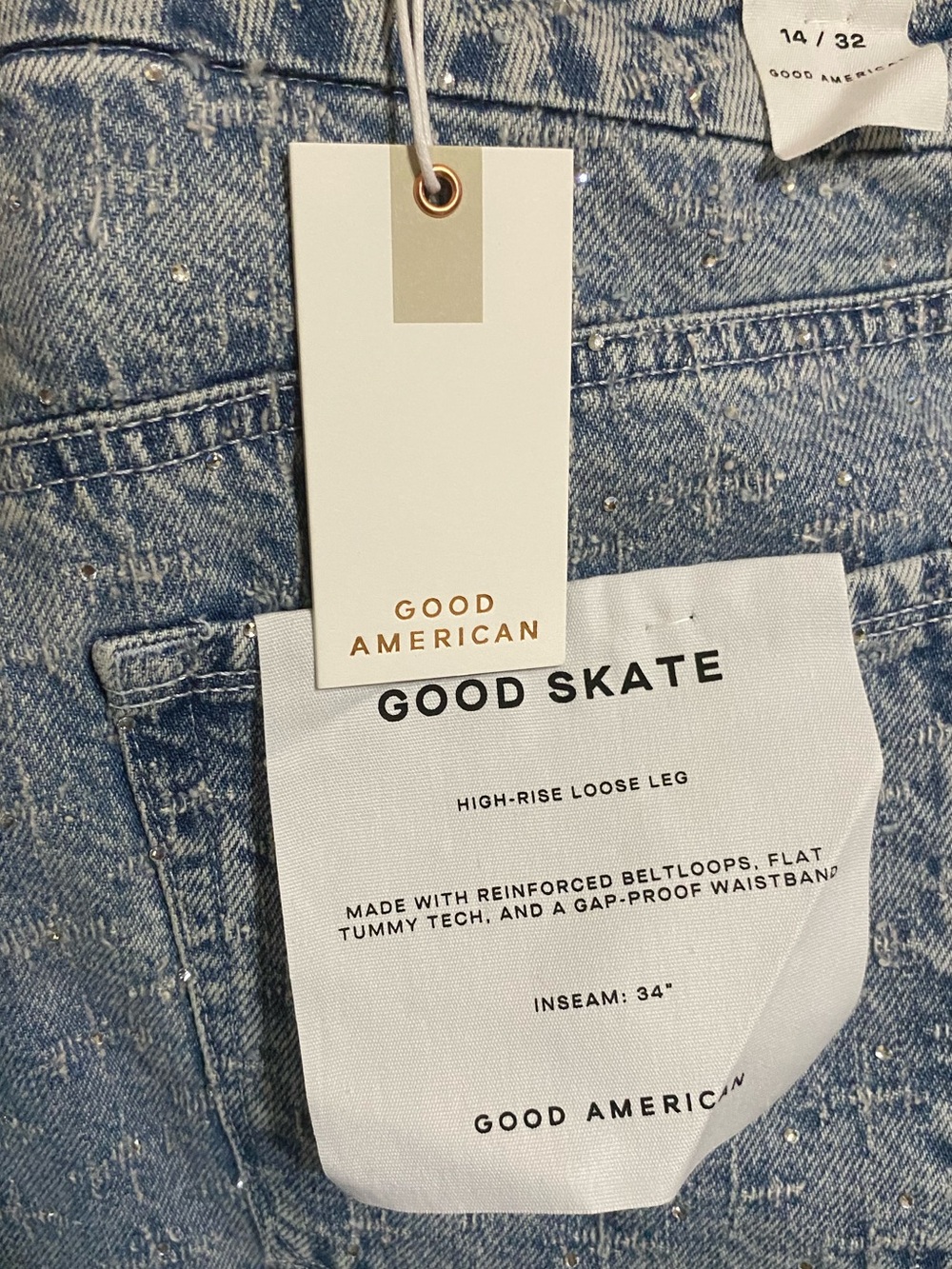 Good American Good Skate Mid Ris Wide Leg Jeans With Rhinestones Size 14 NEW - Picture 11 of 16